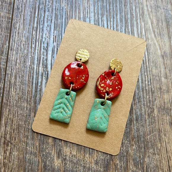 Handmade Jewelry - Handmade Red and Turquoise Polymer Clay Drop Earrings with Gold Accents